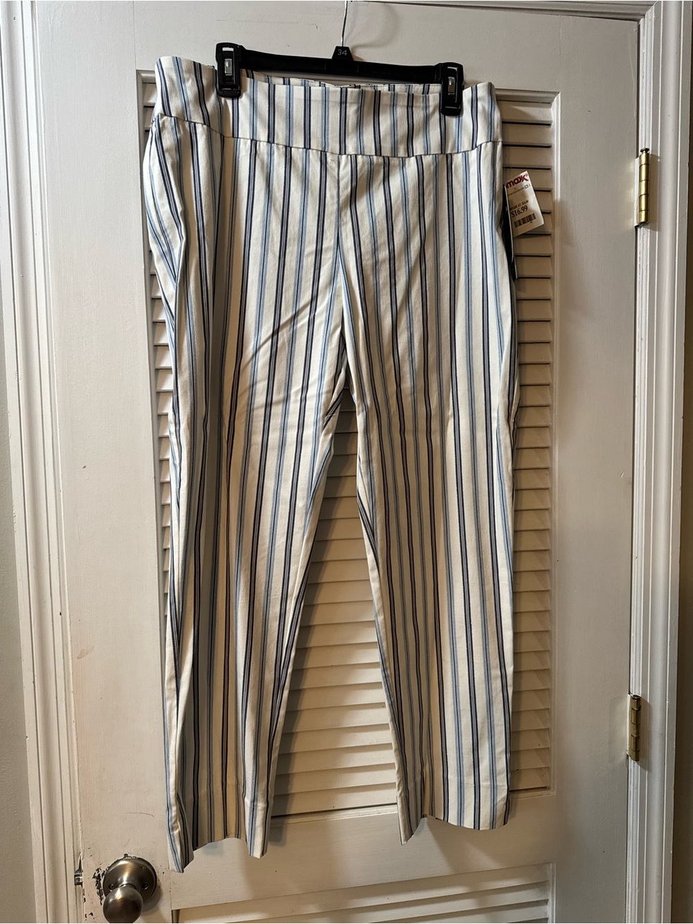 Striped white and blue pull on pants